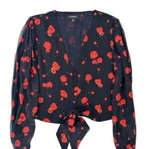 INTERMIX Black Blouse with Red Floral Pattern